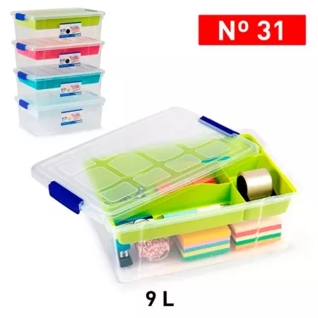 Tradineur - Caja de plástico transparente con tapa Nº 31, incluye bandeja, cajón de almacenaje, ordenación, almacenamiento, fabr
