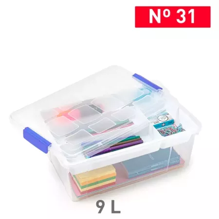Tradineur - Caja de plástico transparente con tapa Nº 31, incluye bandeja, cajón de almacenaje, ordenación, almacenamiento, fabr