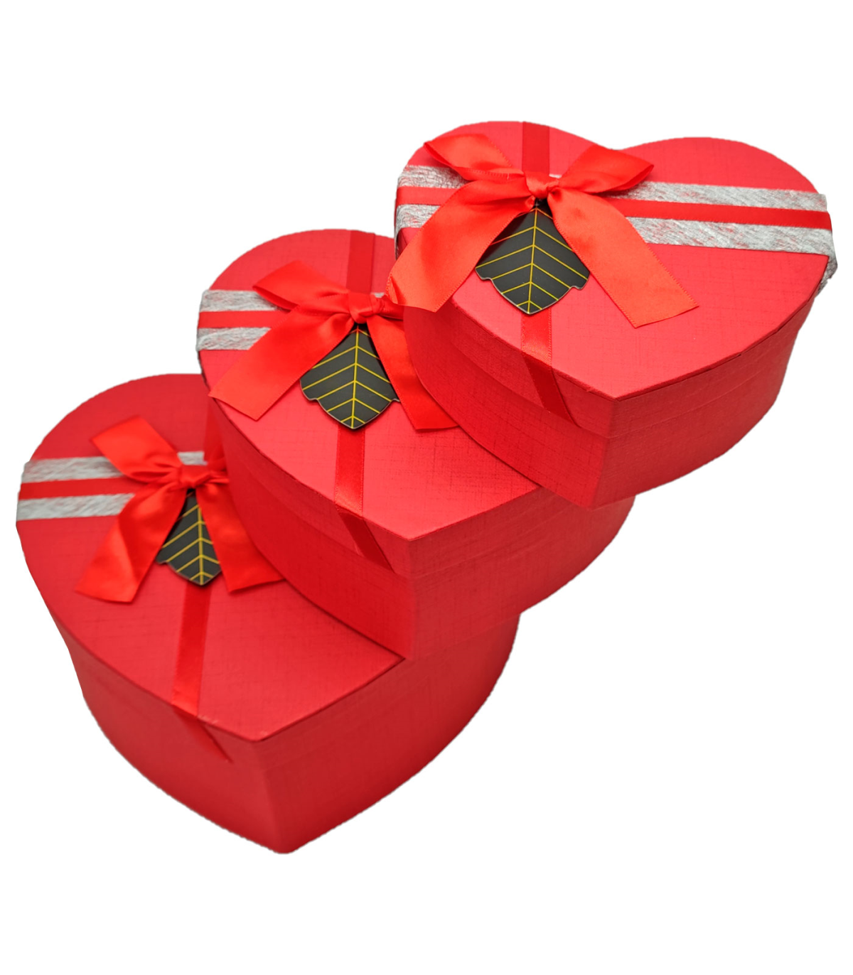 Set de 3 cajas de regalo corazón con lazo, 3 tamaños distintos