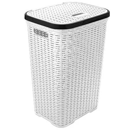 Tradineur - Cesto para ropa sucia con tapa y asas, pongotodo rattan de plástico, cubo para colada, imitación de mimbre, fabricad