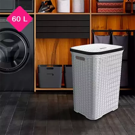 Tradineur - Cesto para ropa sucia con tapa y asas, pongotodo rattan de plástico, cubo para colada, imitación de mimbre, fabricad