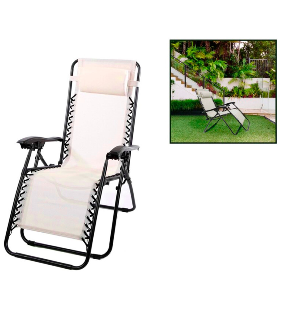 Tradineur - Tumbona plegable con reposabrazos y cojín reposacabezas, silla  con respaldo regulable, multiposición, metal y tela