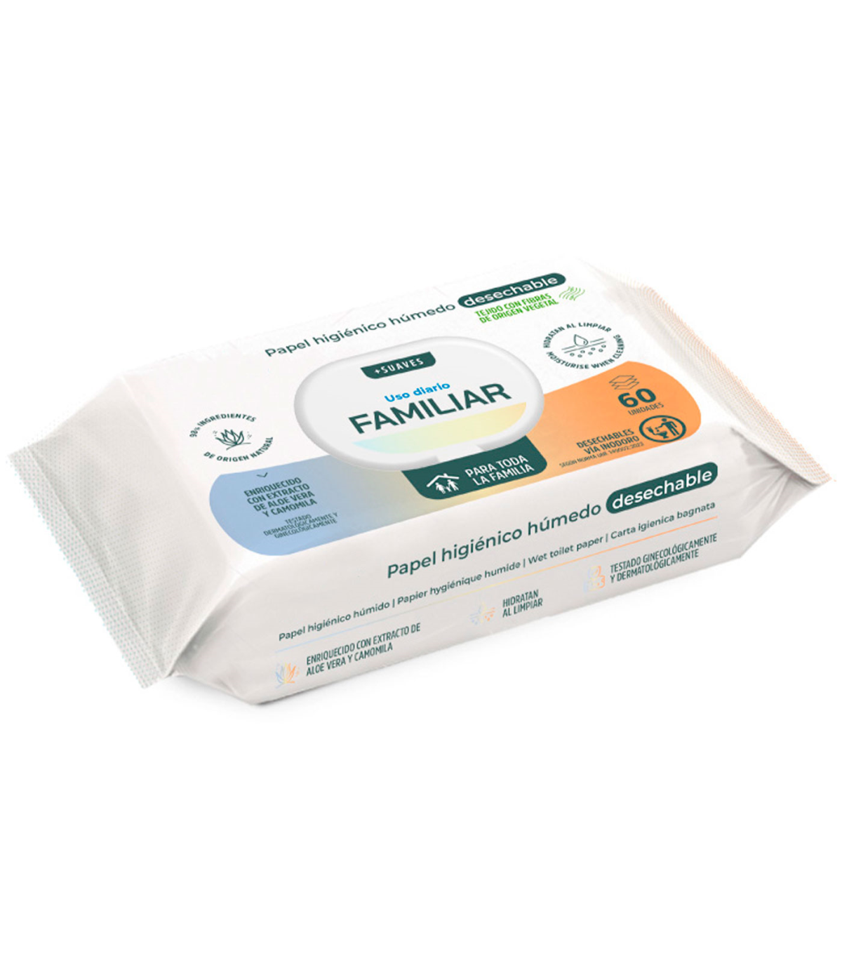 Tradineur - Papel higiénico húmedo desechable, formato familiar,  biodegradable, apto para inodoro, WC, suave, hidratante, enriqu