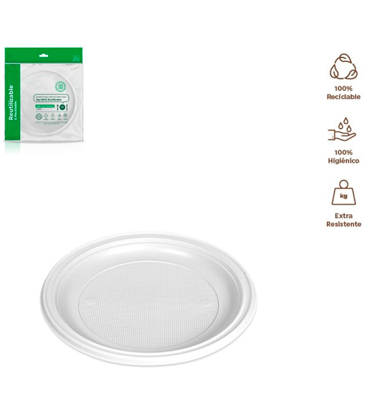 Tradineur - Pack de 5 platos llanos redondos reutilizables de plástico,  100% reciclables, extra resistentes, higiénicos, apilabl