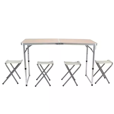 Tradineur - Mesa plegable de aluminio con 4 taburetes, superficie de MDF, portátil en maletín, multiusos, resistente, camping, p