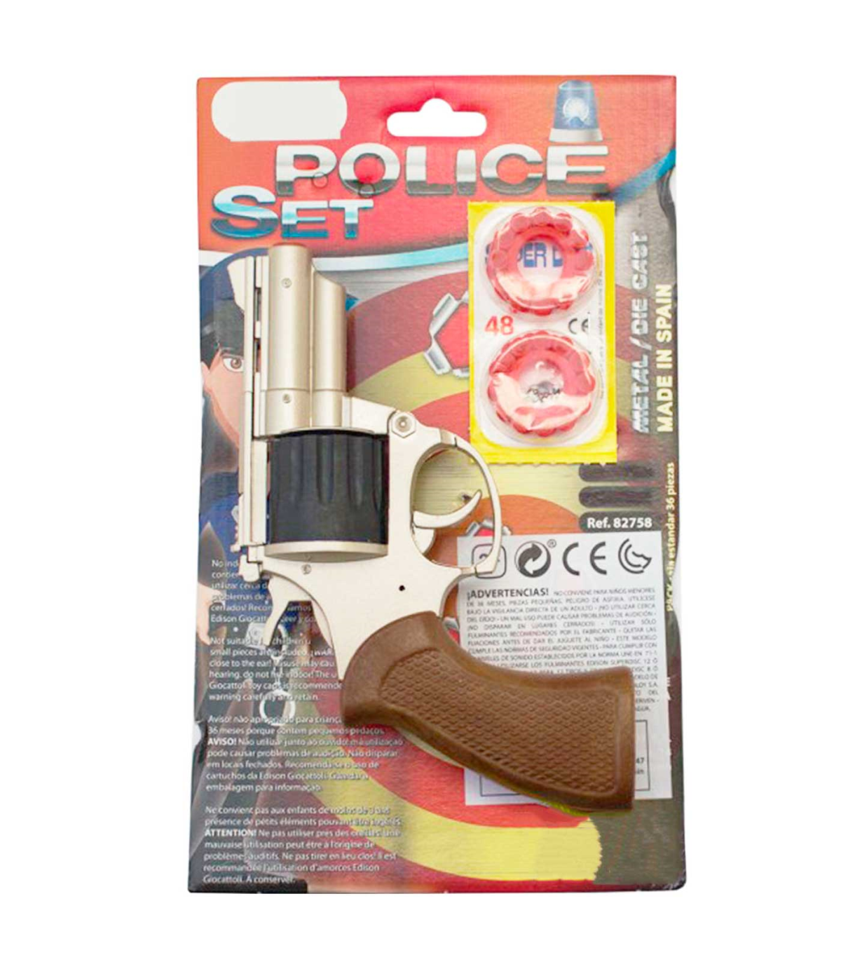 Tradineur - Revólver corto de juguete de policía con 48 fulminantes, 17 x  11,5 cm, pistola recargable con disparos sonoros, 4 di