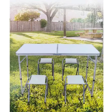 Tradineur - Mesa plegable de aluminio con 4 taburetes, superficie de MDF, portátil en maletín, multiusos, resistente, camping, p