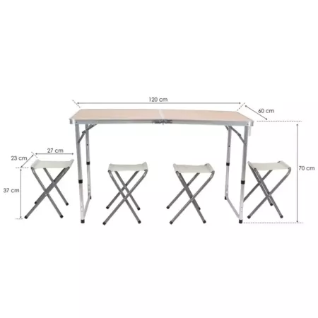 Tradineur - Mesa plegable de aluminio con 4 taburetes, superficie de MDF, portátil en maletín, multiusos, resistente, camping, p