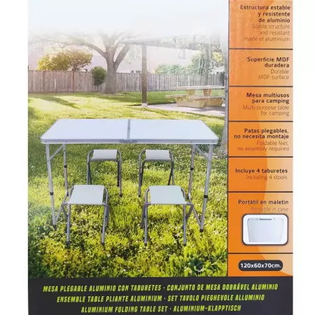 Tradineur - Mesa plegable de aluminio con 4 taburetes, superficie de MDF, portátil en maletín, multiusos, resistente, camping, p