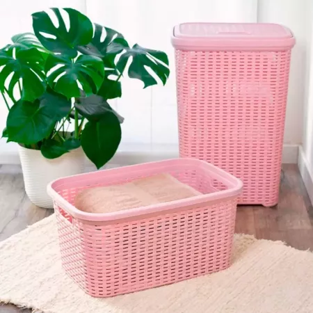 Tradineur - Cesta de plástico "Rattan" con asas, recipiente para la colada, diseño imitación de mimbre, lavandería, hogar, fabri Tradineur - Cesta de plástico "Rattan" con asas, recipiente para la colada, diseño imitación de mimbre, lavandería, hogar, fabri