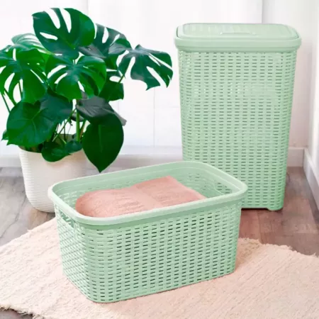 Tradineur - Cesta de plástico "Rattan" con asas, recipiente para la colada, diseño imitación de mimbre, lavandería, hogar, fabri