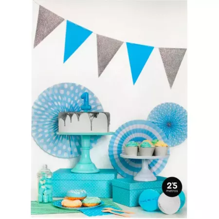 Guirnalda glitter azul y plata 12 banderines 2,5 m fiesta