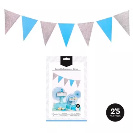 Guirnalda glitter azul y plata 12 banderines 2,5 m fiesta