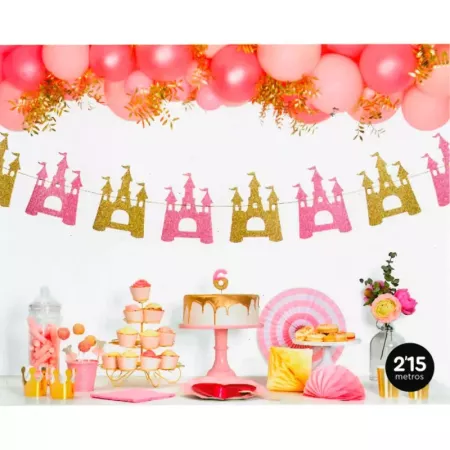 Guirnalda glitter rosa y dorado castillos 2,15 m fiesta