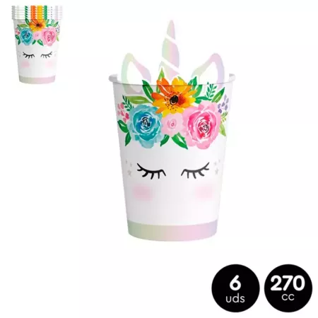 Pack 6 Vasos Unicornio Biodegradables 270 ml para Fiestas