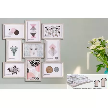 Tradineur - Multimarco de madera para 9 fotos, portafotos, marco múltiple de pared para fotografías de 14 x 9 cm, decoración del