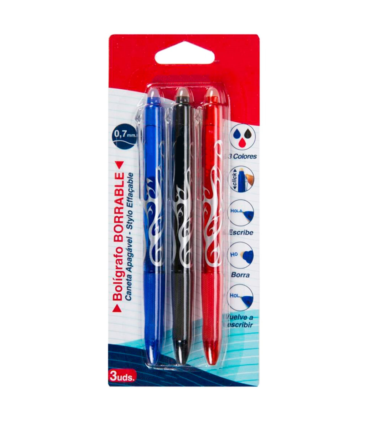 Tradineur - Pack de 3 bolígrafos borrables de colores, punta