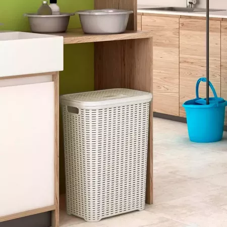 Tradineur - Cesto para ropa sucia con asas y tapa, pongotodo rattan de plástico, cubo para colada, imitación mimbre, hogar (Beig Tradineur - Cesto para ropa sucia con asas y tapa, pongotodo rattan de plástico, cubo para colada, imitación mimbre, hogar (Beig