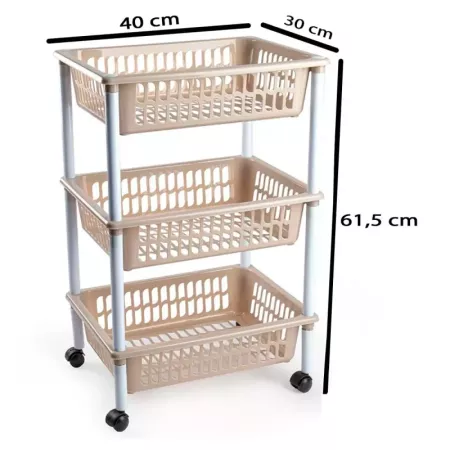 Tradineur - Carrito verdulero modelo PLFT de plástico, 3 cestas, incluye ruedas, portaobjetos, organizador de frutas, verduras,