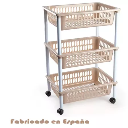 Tradineur - Carrito verdulero modelo PLFT de plástico, 3 cestas, incluye ruedas, portaobjetos, organizador de frutas, verduras,