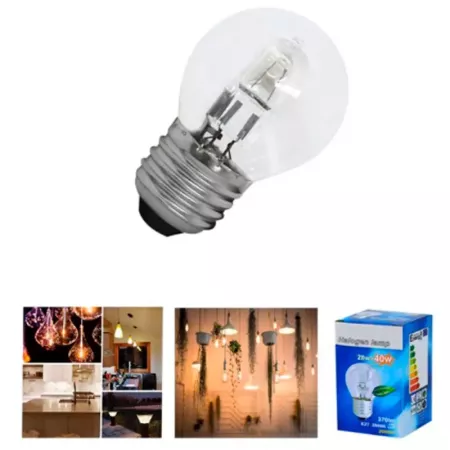 Tradineur - Bombilla halógena estándar, globo, G45, E27, 28W &#61; 40W, 370 lúmenes, 2800K, luz cálida, eficiencia energética B,