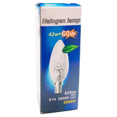 Tradineur - Bombilla halógena vela, C35, E14, 42W equivalente a 60W, 625 lúmenes, 2800K, luz cálida, eficiencia energética B, 20