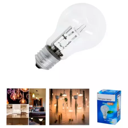 Tradineur - Bombilla halógena globo, estándar, A55, E27, 42W equivalente a 60W, 625 lúmenes, 2800K, luz cálida, eficiencia energ