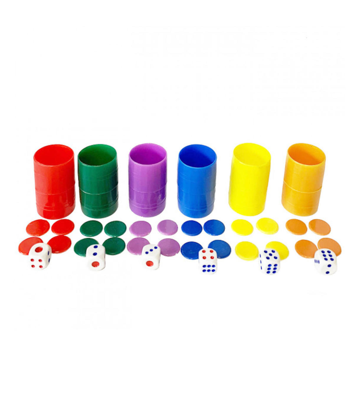 Set completo de 6 cubiletes de plástico, parchis, juego de mesa,  multicolor, fichas, dados, cubiletes dimensiones 4.5 x 2.5 cm.