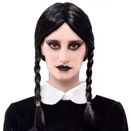 Tradineur - Peluca de Miércoles Addams, dos trenzas, fibra sintética, complemento para disfraz de carnaval, Halloween, cosplay,