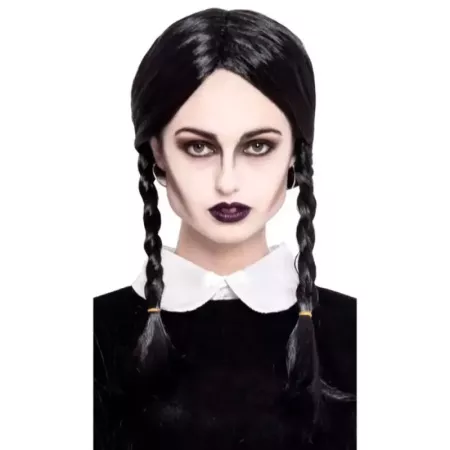 Tradineur - Peluca de Miércoles Addams, dos trenzas, fibra sintética, complemento para disfraz de carnaval, Halloween, cosplay,