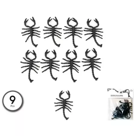 Tradineur - Pack de 9 escorpiones para Halloween, plástico, decoración de interior, fiestas, celebraciones (Negro - 7 cm)
