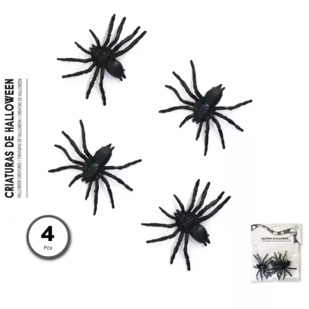 Tradineur - Pack de 4 arañas para Halloween, plástico, decoración de interior, fiestas, celebraciones (Negro - 6 cm)