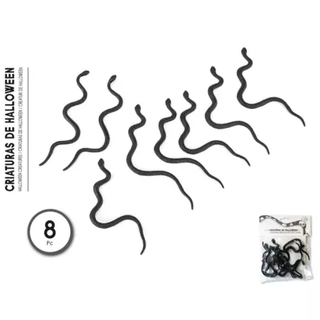 Tradineur - Pack de 8 serpientes para Halloween, plástico, decoración de interior, fiestas, celebraciones (Negro - 11 cm)
