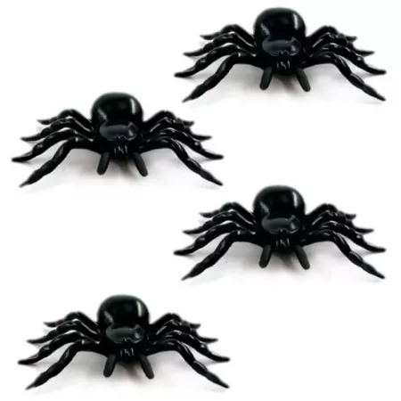Tradineur - Pack de 4 arañas de Halloween, plástico, decoración de interior, fiestas, celebraciones (Negro - 11 cm)