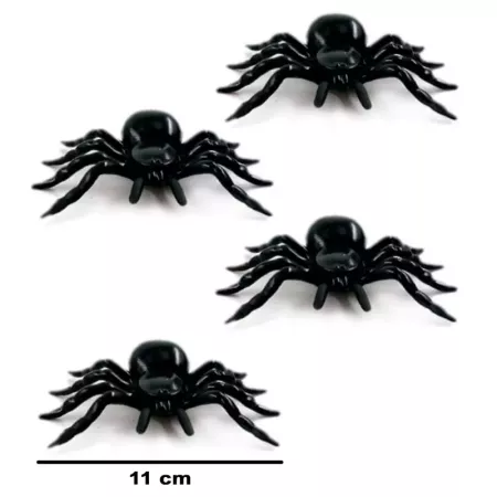 Tradineur - Pack de 4 arañas de Halloween, plástico, decoración de interior, fiestas, celebraciones (Negro - 11 cm)