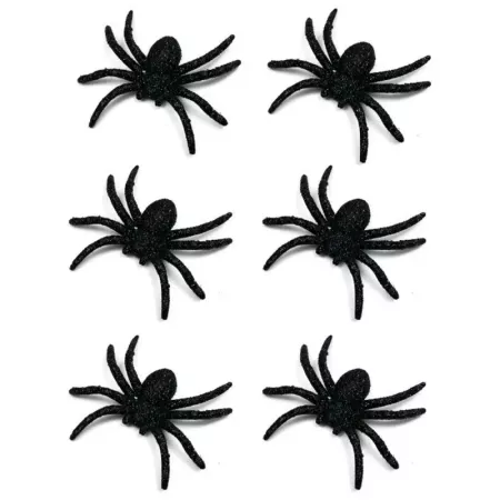 Tradineur - Pack de 6 arañas con glitter para Halloween, plástico, decoración de interior, fiestas, celebraciones (Negro - 7 cm)