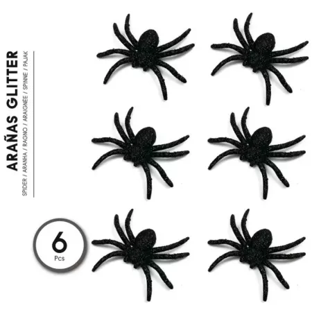 Tradineur - Pack de 6 arañas con glitter para Halloween, plástico, decoración de interior, fiestas, celebraciones (Negro - 7 cm)