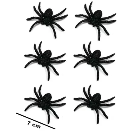Tradineur - Pack de 6 arañas con glitter para Halloween, plástico, decoración de interior, fiestas, celebraciones (Negro - 7 cm)