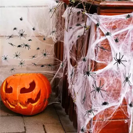 Tradineur - Telaraña con 2 arañas para Halloween, poliéster y plástico, tela de araña, decoración de interior, fiestas, celebrac