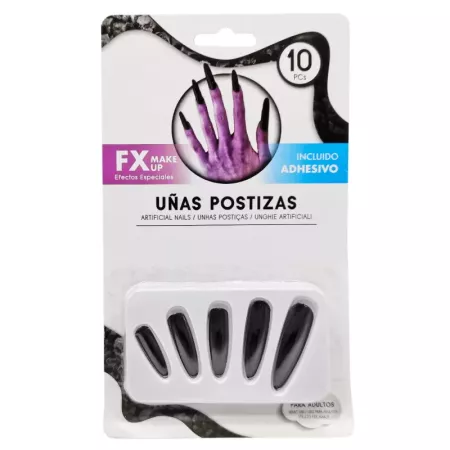 Tradineur - Pack de 10 uñas postizas de bruja, adhesivo incluido, complemento para disfraces de carnaval, Halloween, cosplay (Ad