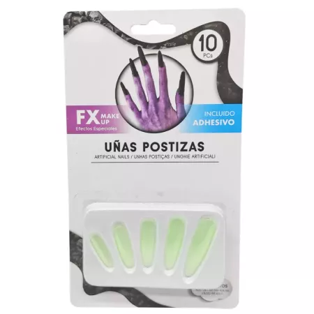 Tradineur - Pack de 10 uñas postizas de bruja, adhesivo incluido, complemento para disfraces de carnaval, Halloween, cosplay (Ad
