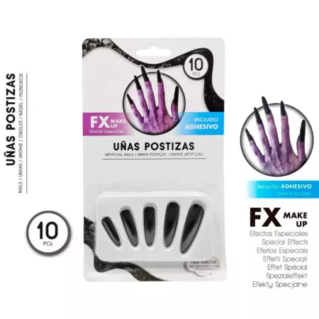 Tradineur - Pack de 10 uñas postizas de bruja, adhesivo incluido, complemento para disfraces de carnaval, Halloween, cosplay (Ad