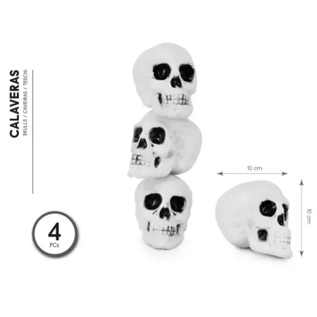 Tradineur - Pack de 4 calaveras para Halloween, plástico, cráneos, decoración de interior, carnaval, fiestas, celebraciones, 10