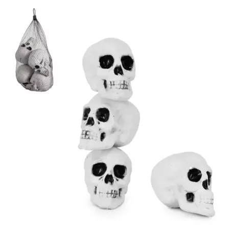 Tradineur - Pack de 4 calaveras para Halloween, plástico, cráneos, decoración de interior, carnaval, fiestas, celebraciones, 10