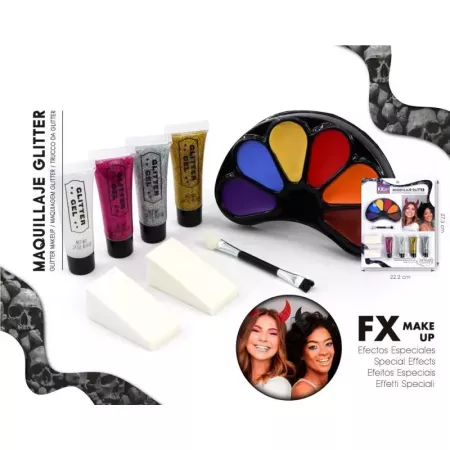 Tradineur - Blíster de maquillaje de Halloween - Incluye: 4 Brillantinas, 6 colores para pintar la cara, 2 esponjas y 1 pincel -
