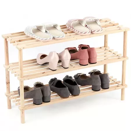 Zapatero de Madera Natural 3 Niveles - Estantería Multiusos Zapatero de Madera Natural 3 Niveles - Estantería Multiusos