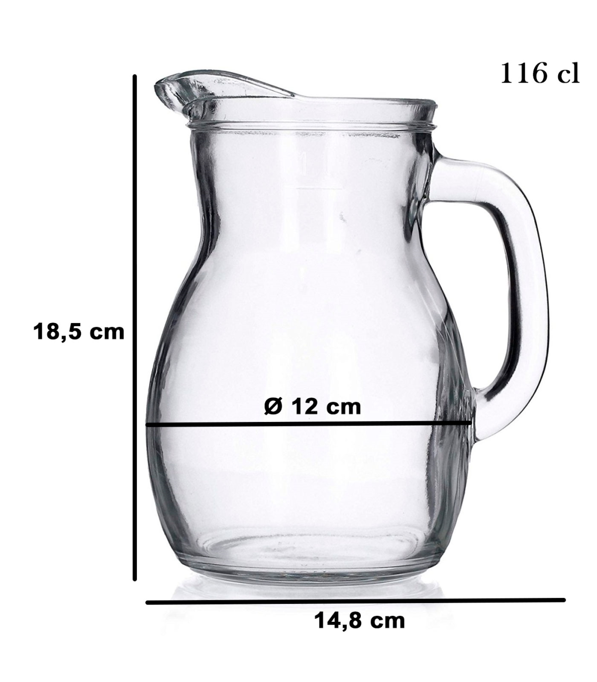 Tradineur - Botella de cristal con asa y tapa de plástico 1,4 L. Jarra  vidrio 30 x 9 cm para agua caliente/fría, té helado, bebi