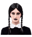Tradineur - Peluca de Miércoles Addams, dos trenzas, fibra sintética, complemento para disfraz de carnaval, Halloween, cosplay, fiestas (Negro, Adulto)