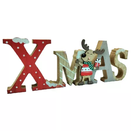 Letrero decorativo navideño XMAS con reno en madera elegante para decorar en temporada festiva