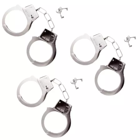 Tradineur - Pack de 3 esposas de metal de juguete, incluyen llaves y botón de seguridad, complemento para disfraces de carnaval,